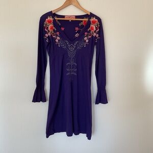 Johnny Was JWLA Dress Sz M Purple Floral Embroidered Long Sleeve Cherry Blossom